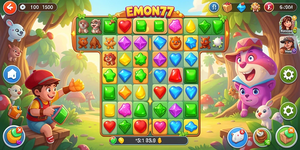 Tangkapan layar EMON77, menampilkan gameplay seru Match-3.