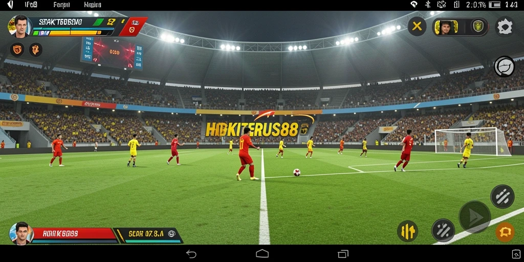 Tampilan gameplay HOKITERUS88 dengan aksi permainan sepak bola yang intens.