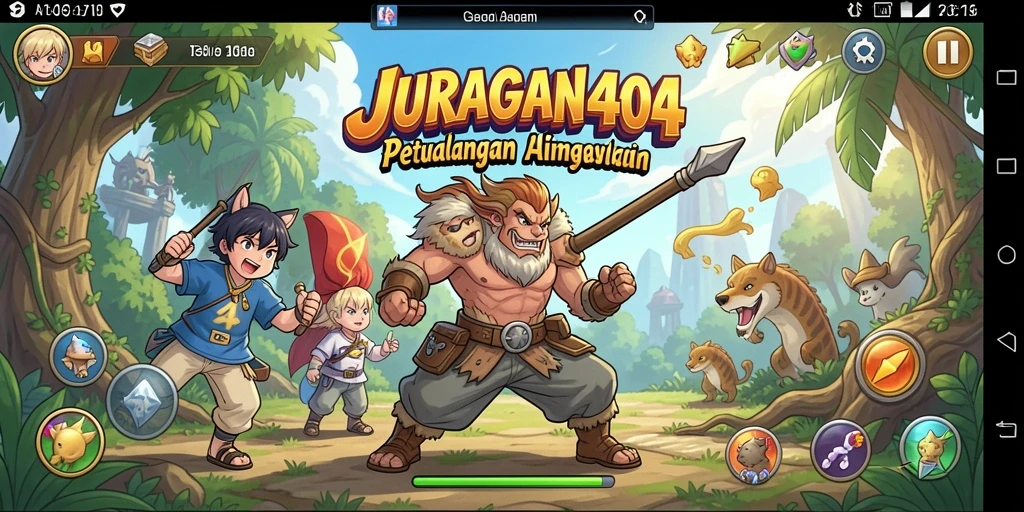 Screenshot utama JURAGAN404 menampilkan karakter anime yang beraksi dalam permainan.