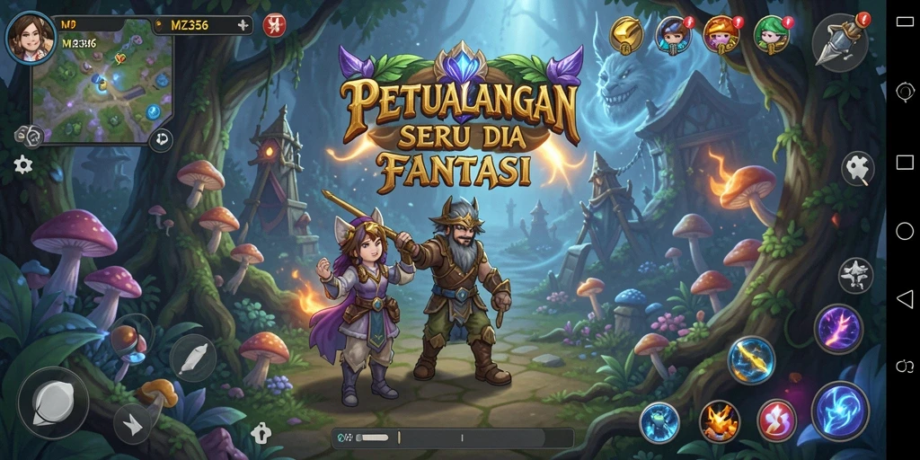 Screenshot utama menunjukkan gameplay epik di dunia petualangan.