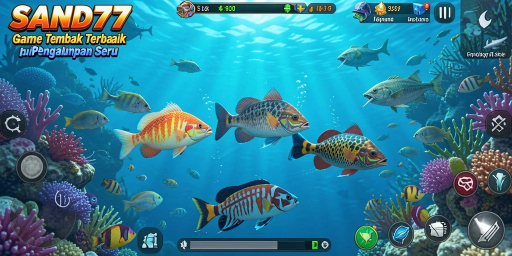 Screenshot gameplay SAND77 menampilkan aksi menembak ikan yang seru.